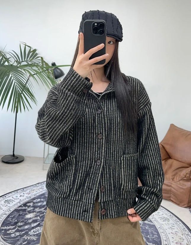 SATIIIZ（サティーズ）の「Heren Collar Ribbed Cardigan（Tops）」