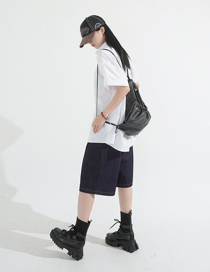Pintuck Wide Raw Denim Bermuda Pants