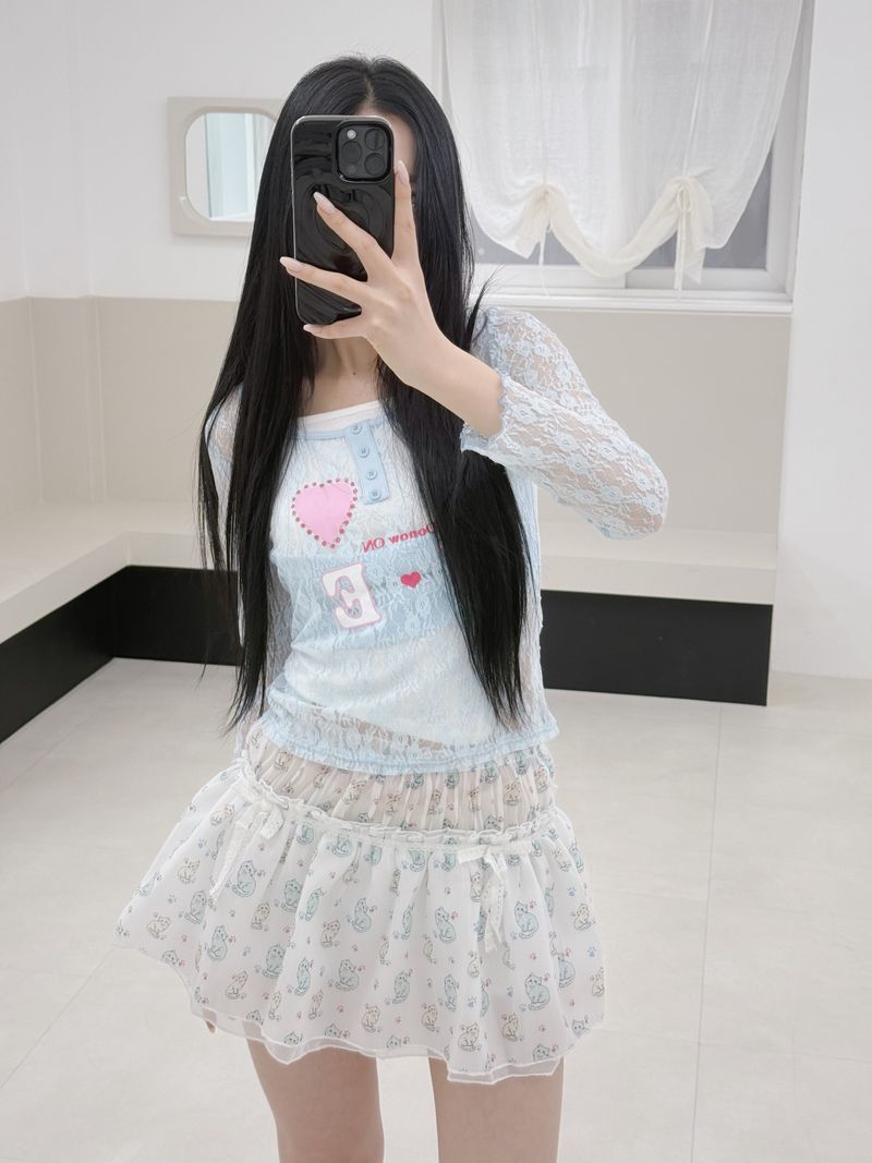 Cat chiffon banding flare mini skirt