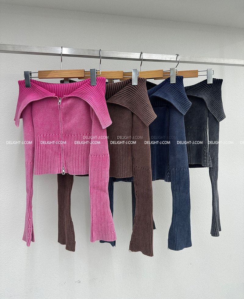 Gradient Off-Shoulder Zip-Up Knitwear