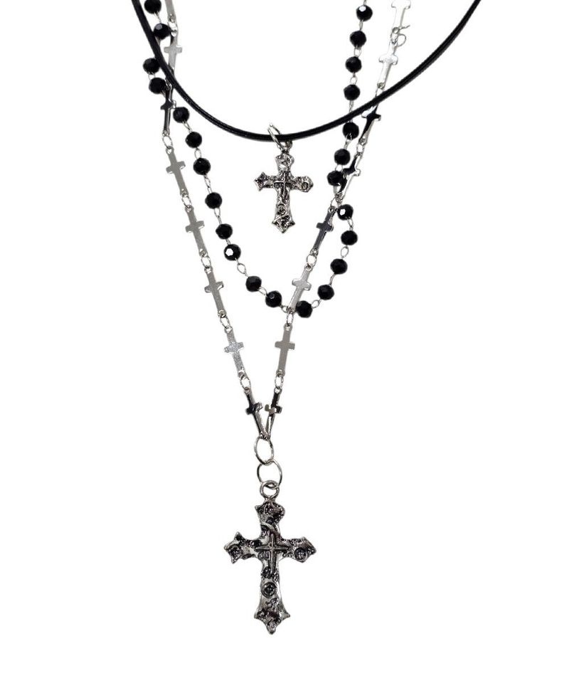 black cross layered necklace