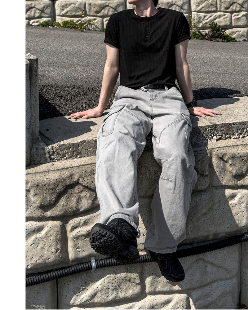 Bion Gray Wash Cargo Denim Pants