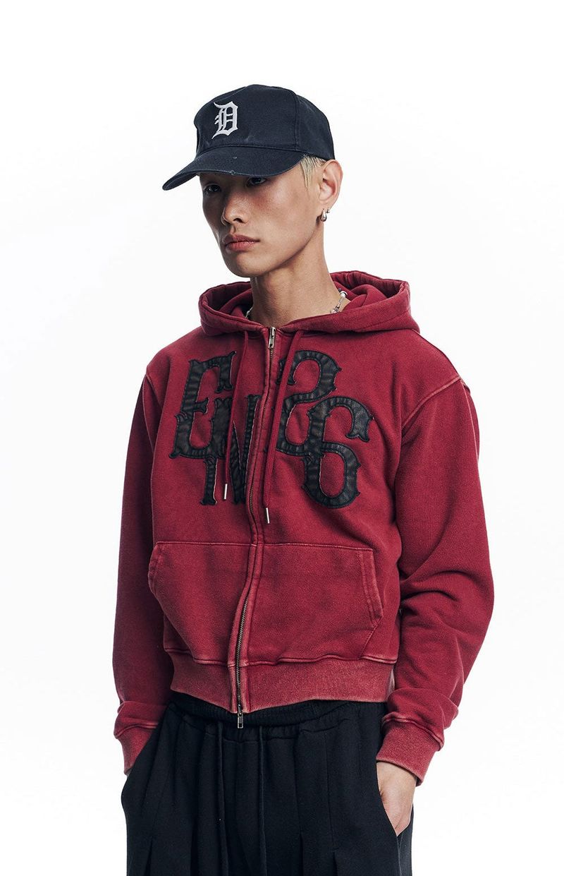 Washed Leather Patch Hooded Zip-Up - Wine