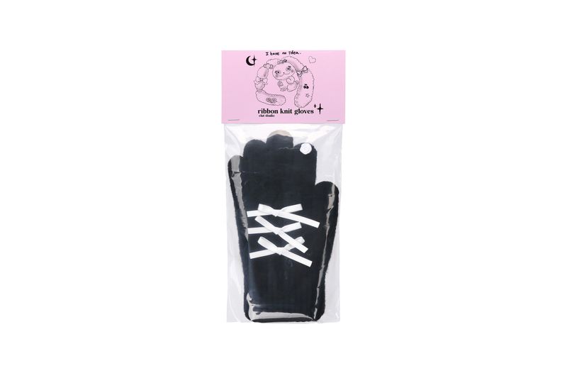 0 4 ribbon knit gloves - BLACK/WHITE