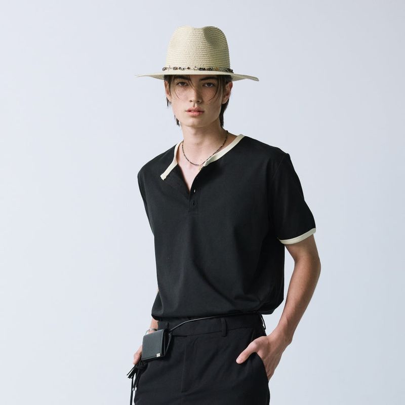 henley neck concho ringer t-shirt black