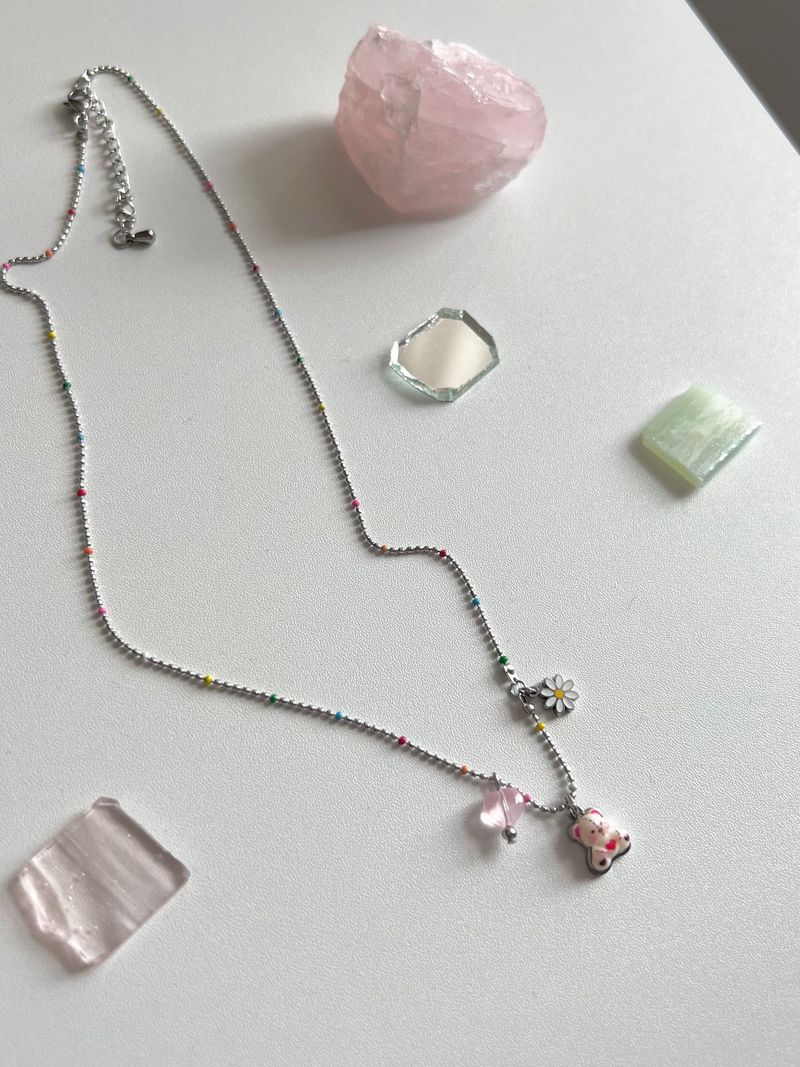 gom kitsch color beads daisy bear layered necklace