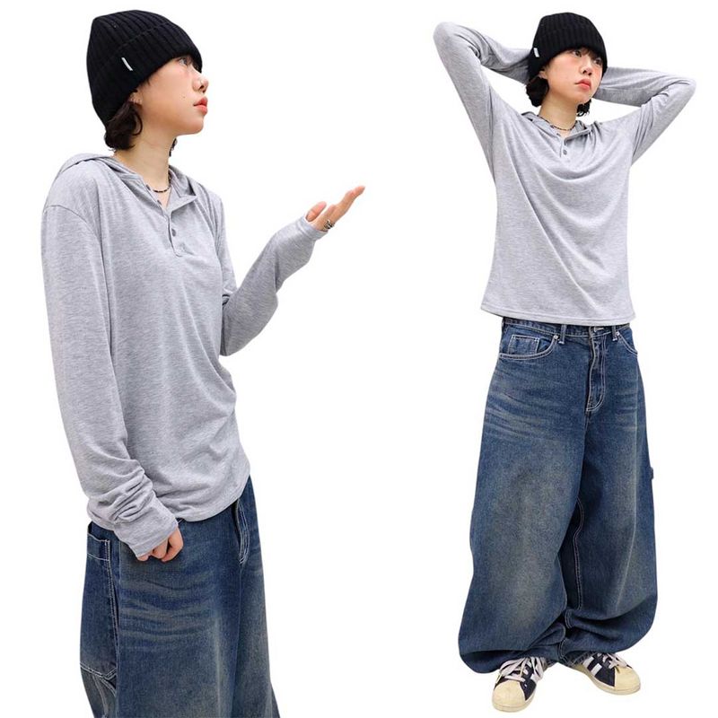 Basic Henley Neck Hooded Sleeve Long Sleeve Tee