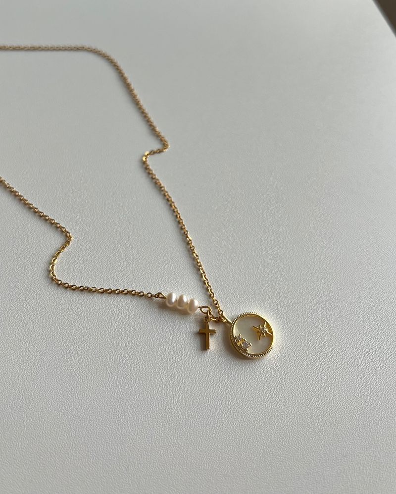 stv Moon Star Freshwater Pearl Stainless Steel Coin Layered Long Short Necklace