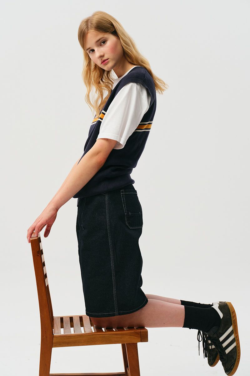 CONTROL WAIST DENIM BERMUDA WIDE PANTS [DARK NAVY]