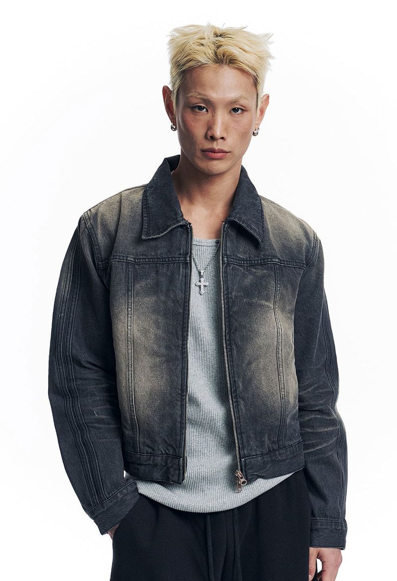 Washed Crop Track Denim Jacket - Black