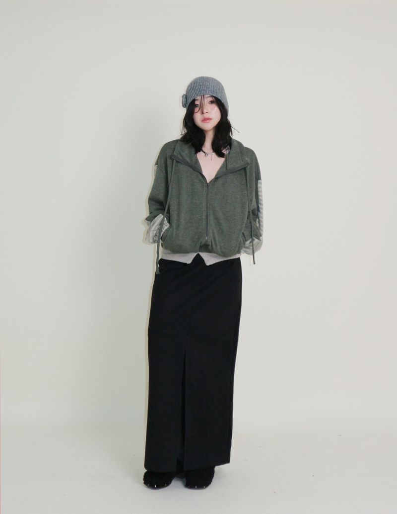 Hakata Stripe Coloring String Knitwear Zip-Up