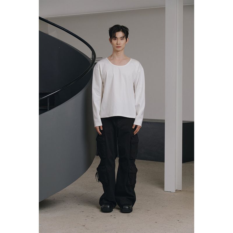 Brushed crop u neck long sleeves(White)