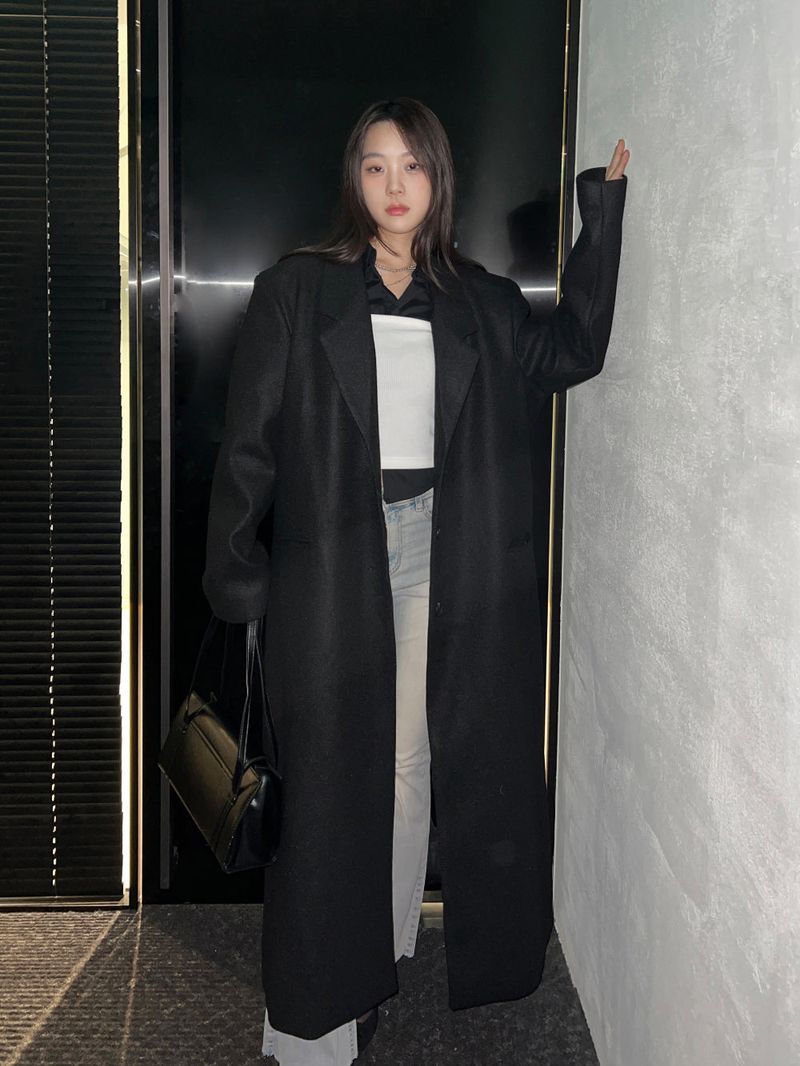 [UNISEX] Wool back button maxi long coat (Black)