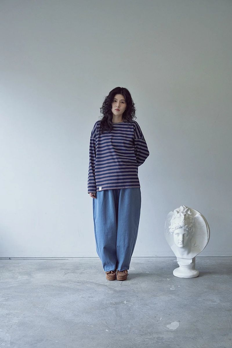 STRIPE BINDING-NECK BOX TEE (Dark Navy)