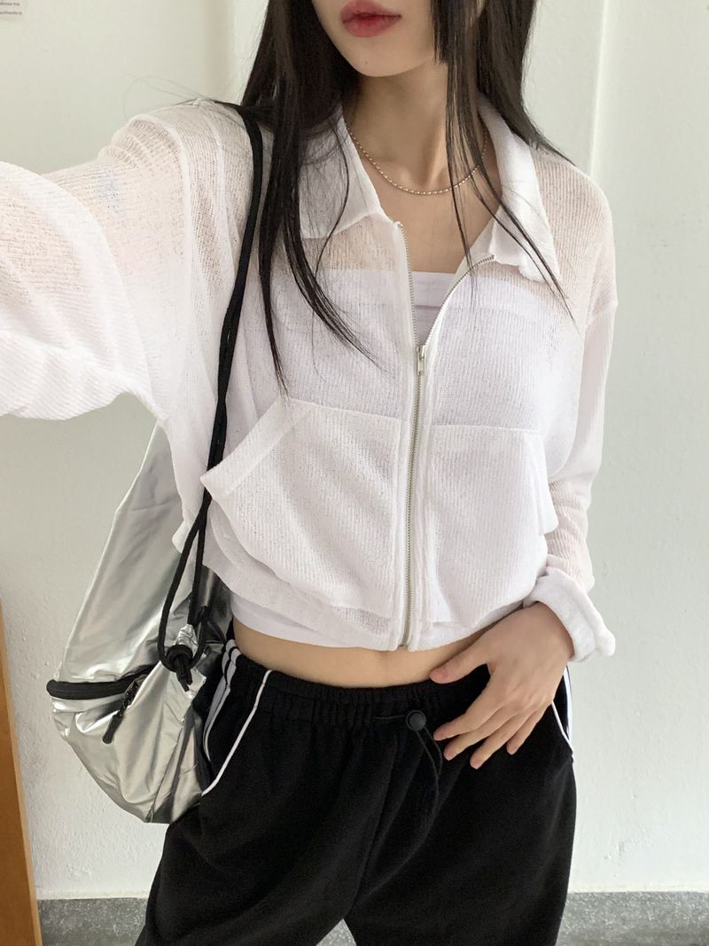 Pillow Beachwear See-through Linen Knit Long Sleeve Zip-up