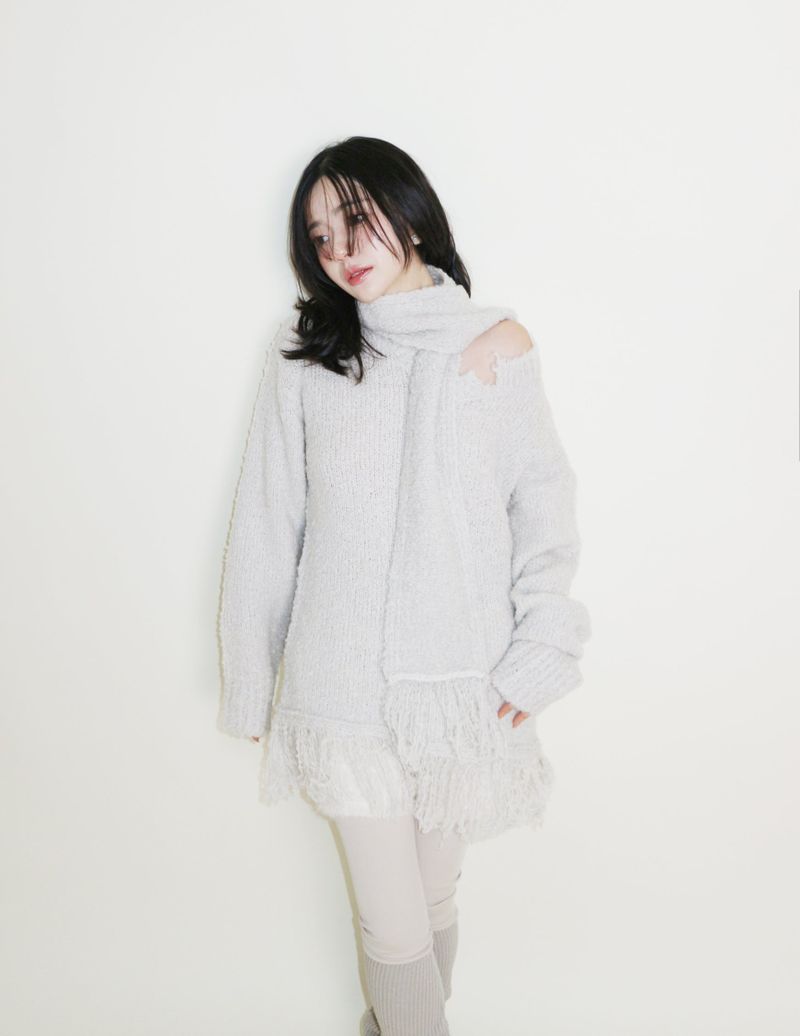 Puddle Demoor Tester Damage Long-Sleeved Knitwear Dress (Muffler Set)