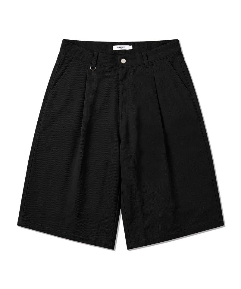 Wide Cotton Pleated Bermuda Shorts Black