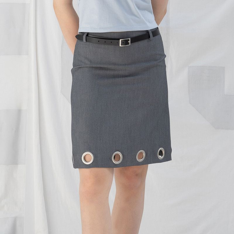 DIMANCHE（ディマンシュ）の「EYELET MIDI SKIRT (GREY)（Skirts）」