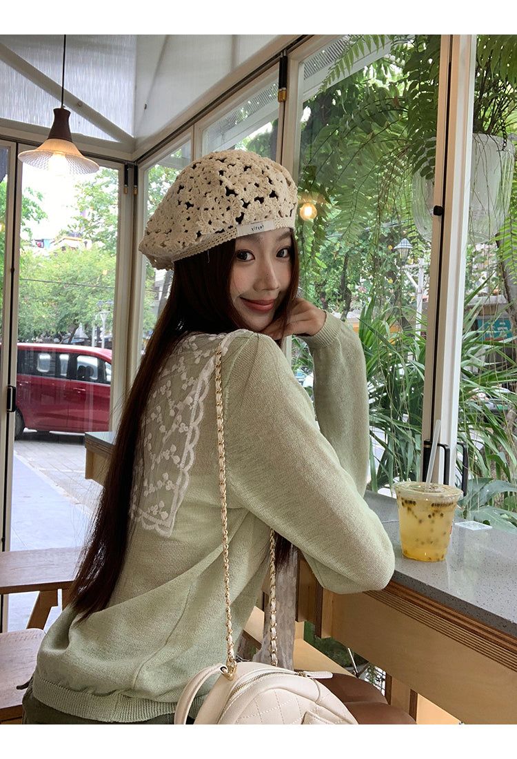 Mint green lace thin V-neck knitwear