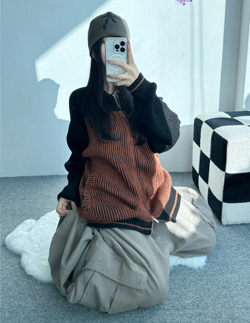 COLOR-BLOCK RAGLAN 2-WAY ZIP-UP🤎🖤🩶🤍 - 3 COLORS
