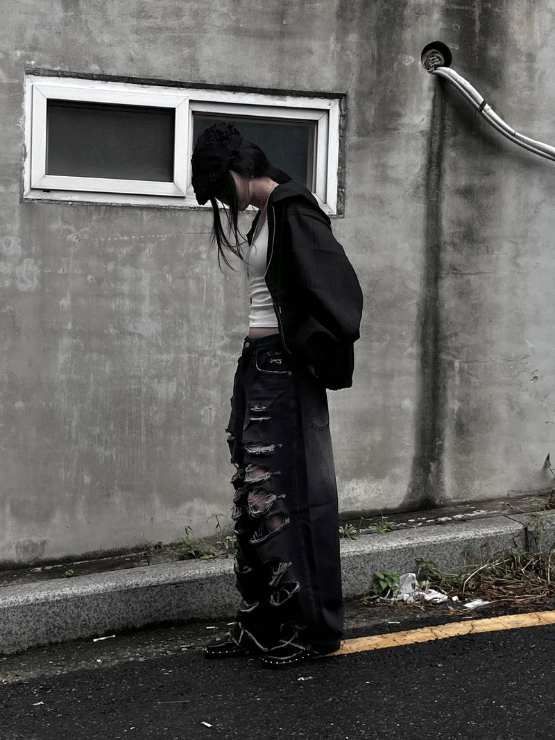black destroyed wide denim