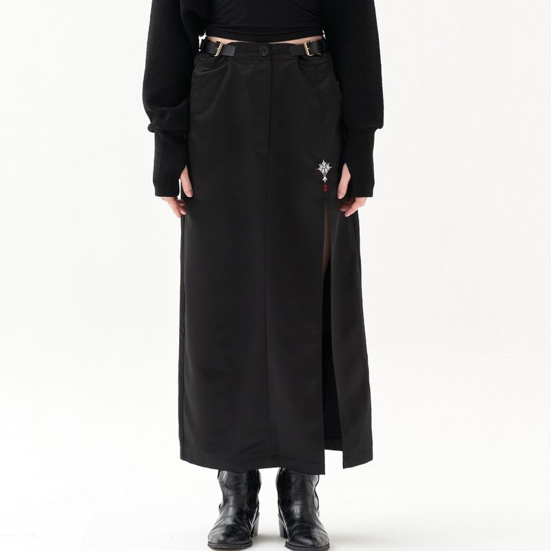 211-BUCKLE SATIN SLIT SKIRT