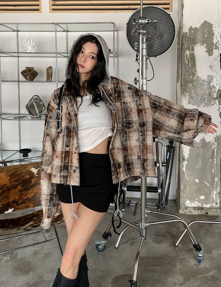 Vince damage checked hoodie jacket