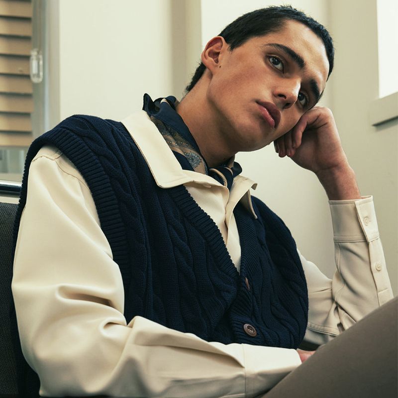 S SY（エスエスワイ）の「sunday cable knit vest cardigan navy（Tops）」