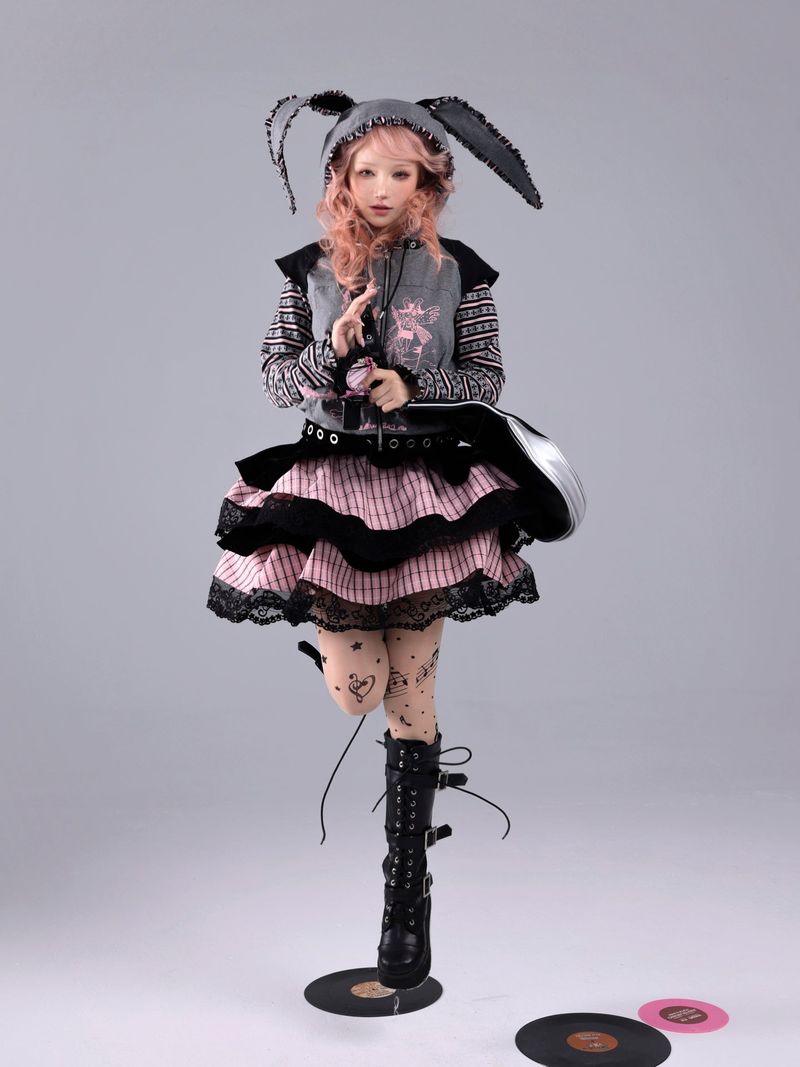 EVILTOOTH Bunny Pirate Print Black Sweet Pink and Black Punk Faux Two-Piece Bunny Ear Zipper Hoodie Jacket