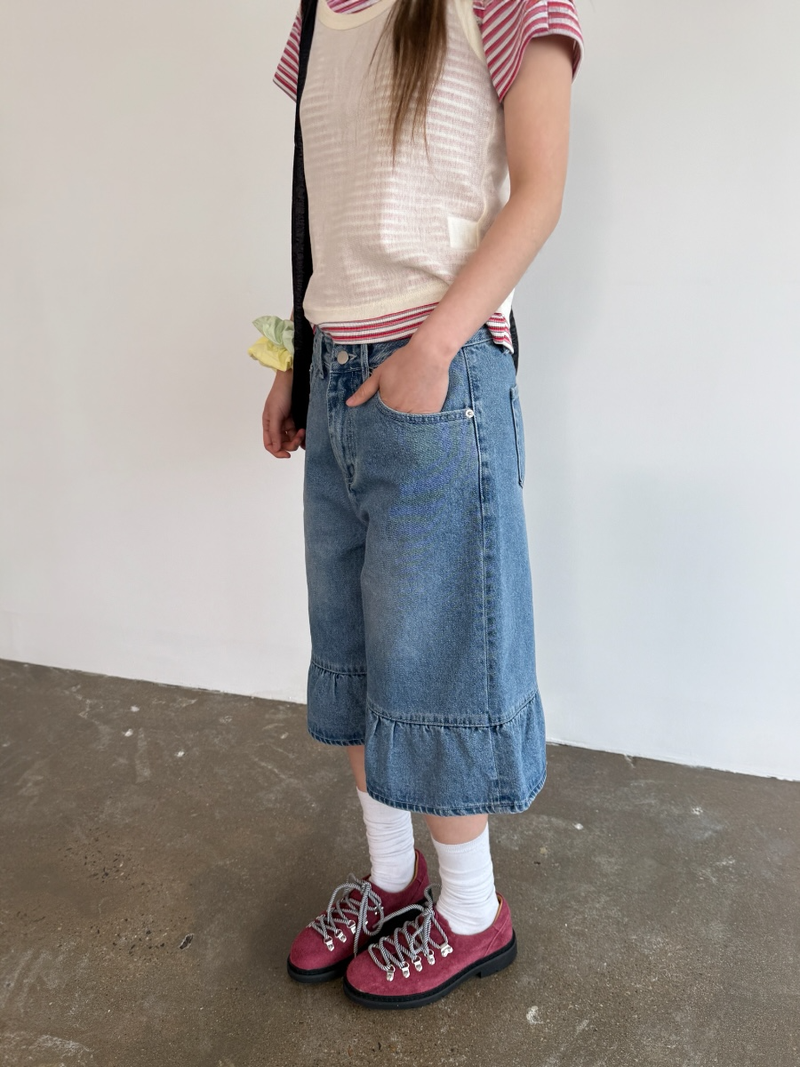denim frill bermuda pants