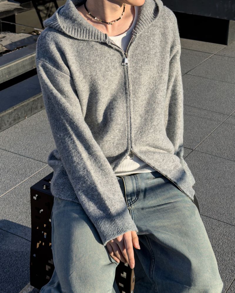 Merry wool knit hood zip-up