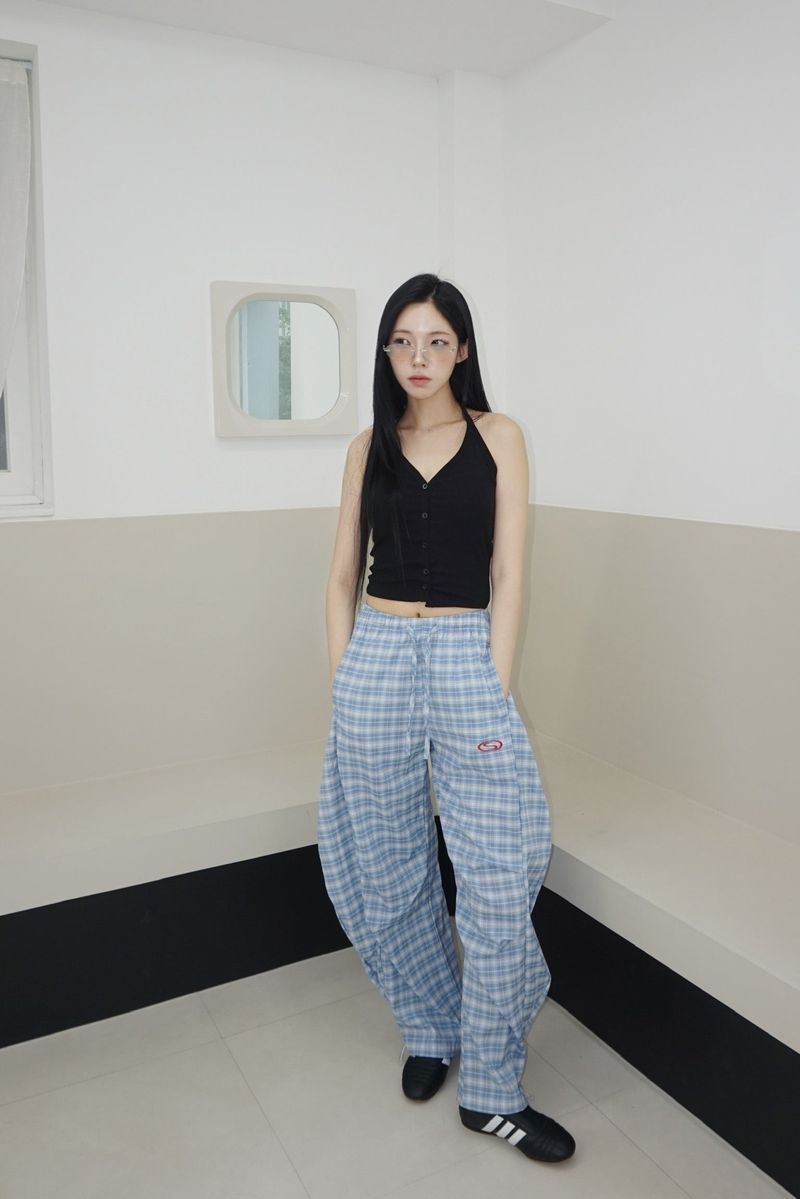 Blue checkered banding wide pants