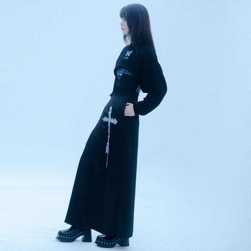 1 0 cross wrap skirt pants - BLACK