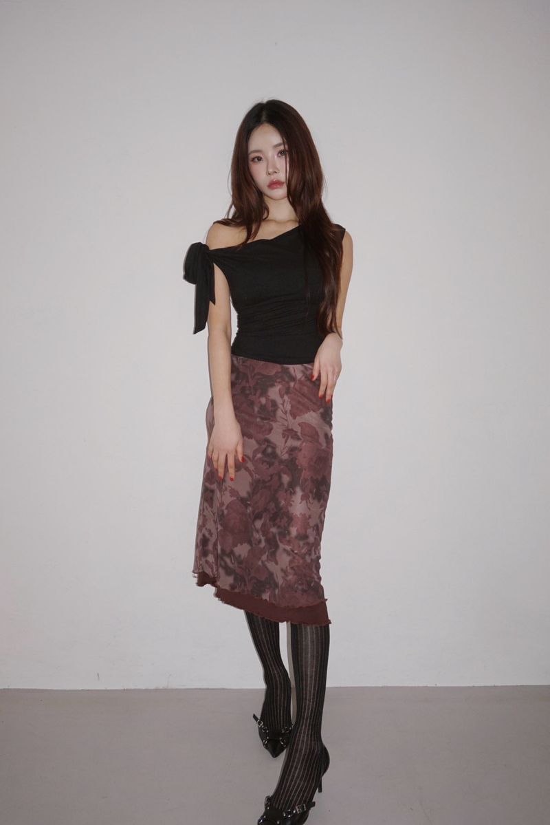 burgundy flower midi skirt