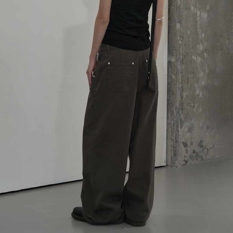 OFF-CENTER TUCK COTTON PANTS (KHAKI GRAY)