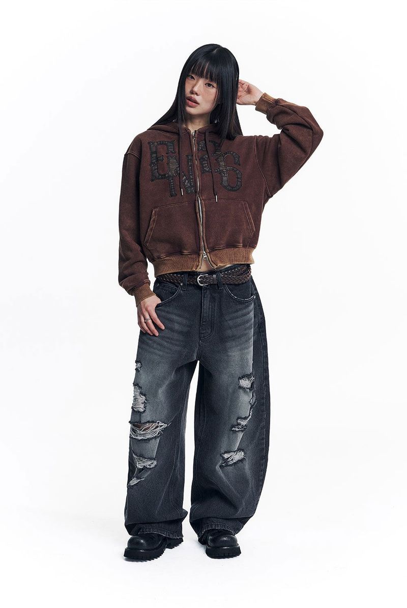 Washed Leather Patch Hooded Zip-Up - Brown