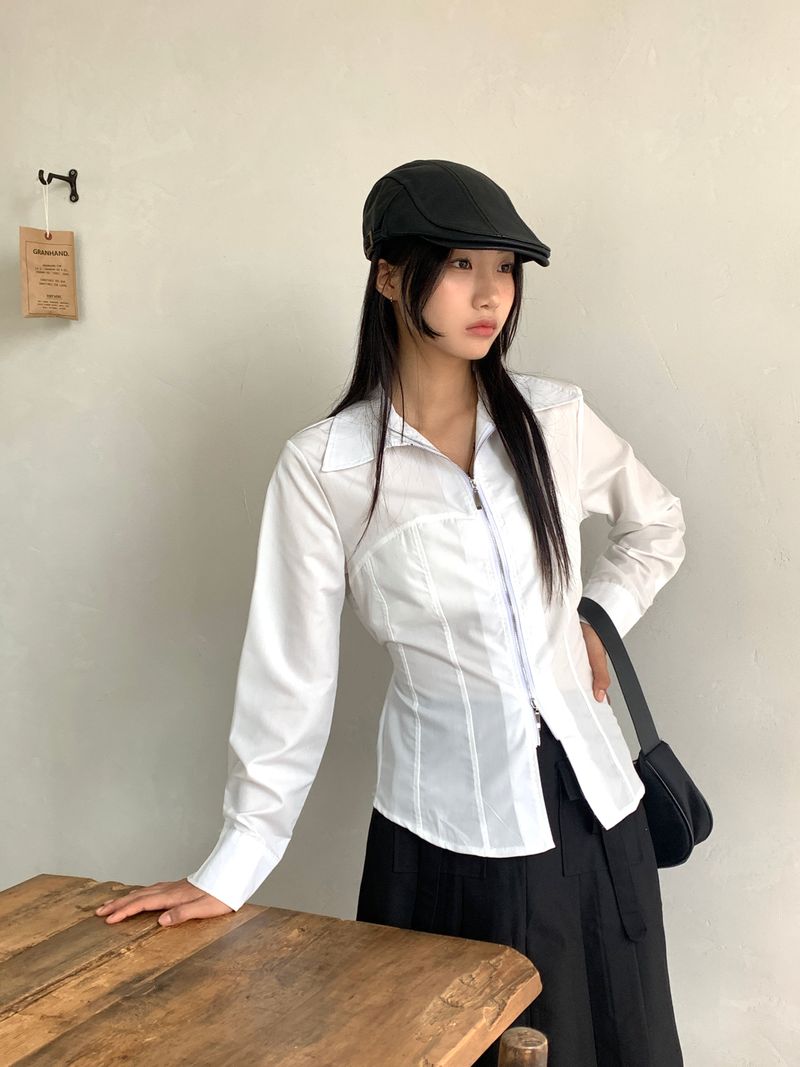 Philty strap cut-out zipper collar zip-up shirt jacket