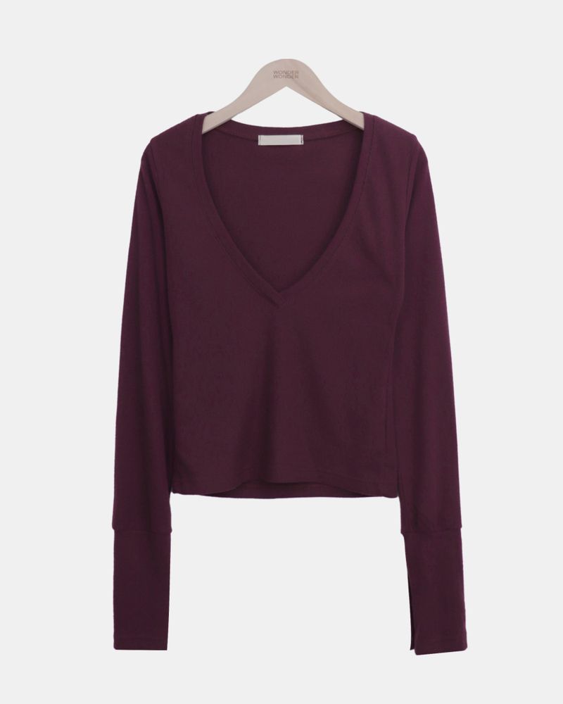 Poin Deep V-Neck Button-Sleeve Long-Sleeve T-Shirt