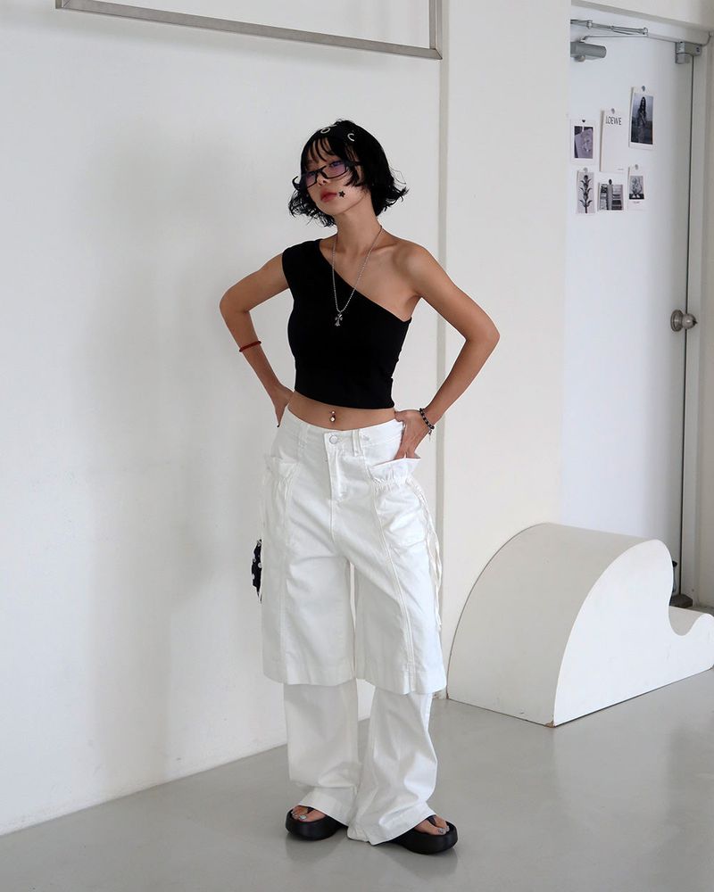 Rose Cosage 3ps Detachable Unbalanced Shoulder Sleeveless