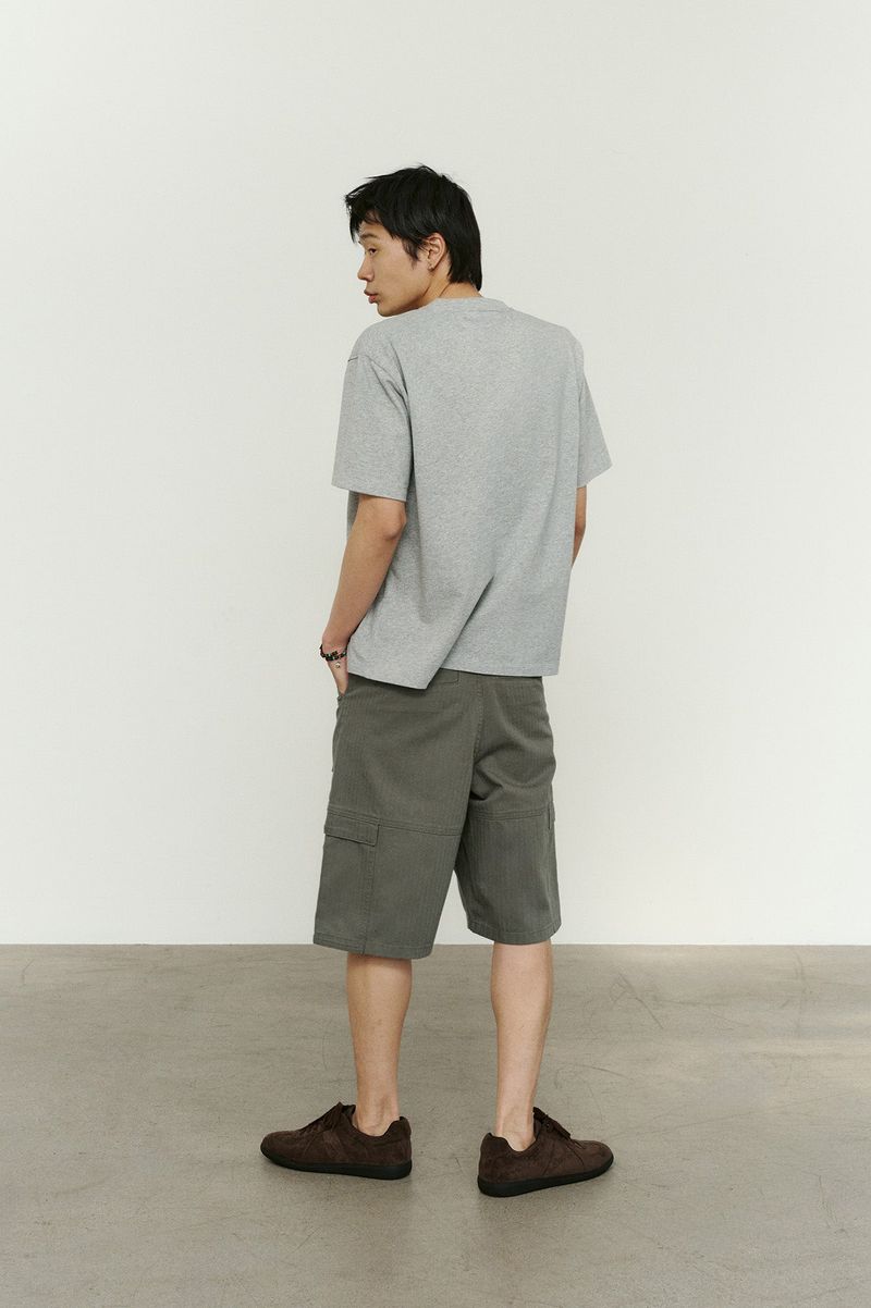 パネルドカーゴポケットヘリンボーンツイルショーツ (Washed Khaki)