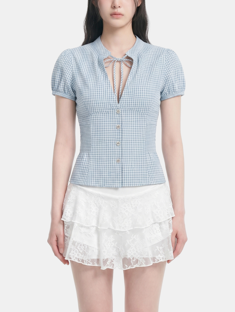 Evia Check Ribbon Blouse