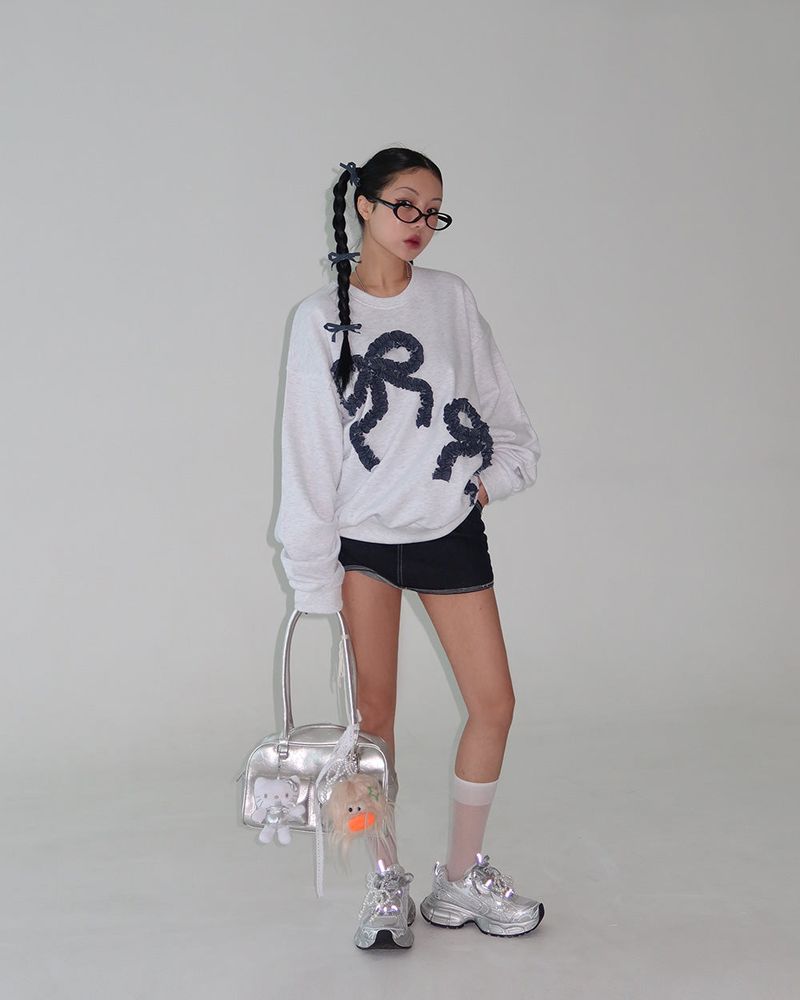 denim ribbon oversized fit sweatshirt