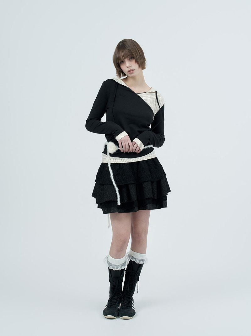dot wrap layered hoodie / black