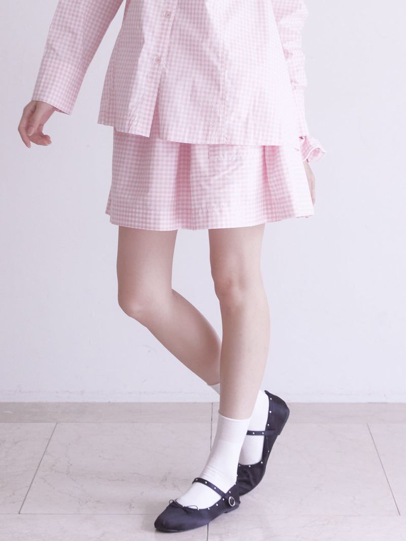Innermuseum（インナーミュージアム）の「Gingham check pocket shirring mini skirt (PINK)（Skirts）」