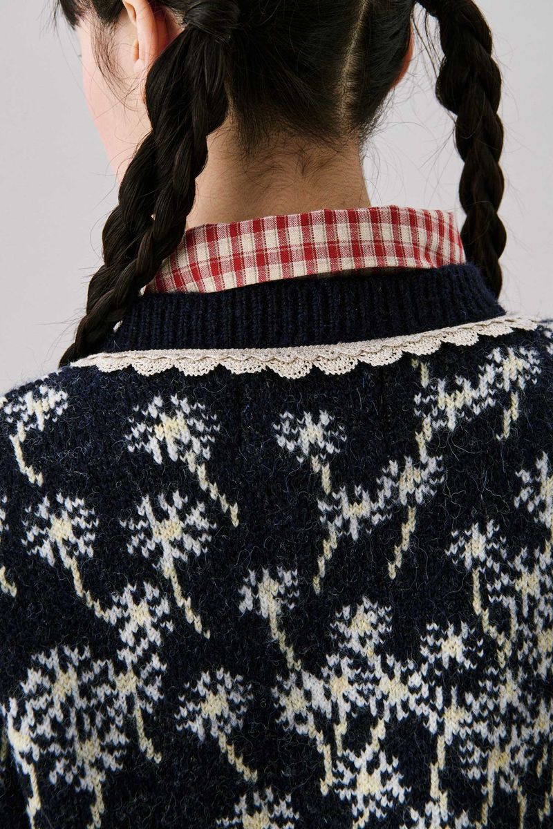 Flower Wool Cardigan [Navy]