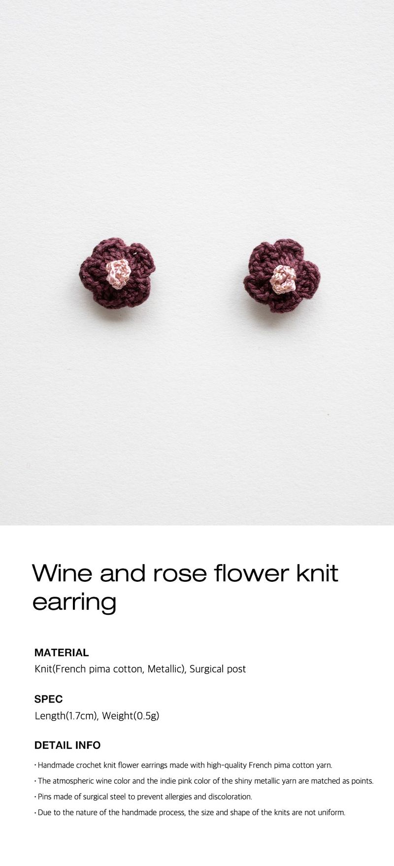 Wine and rose flower knit earring