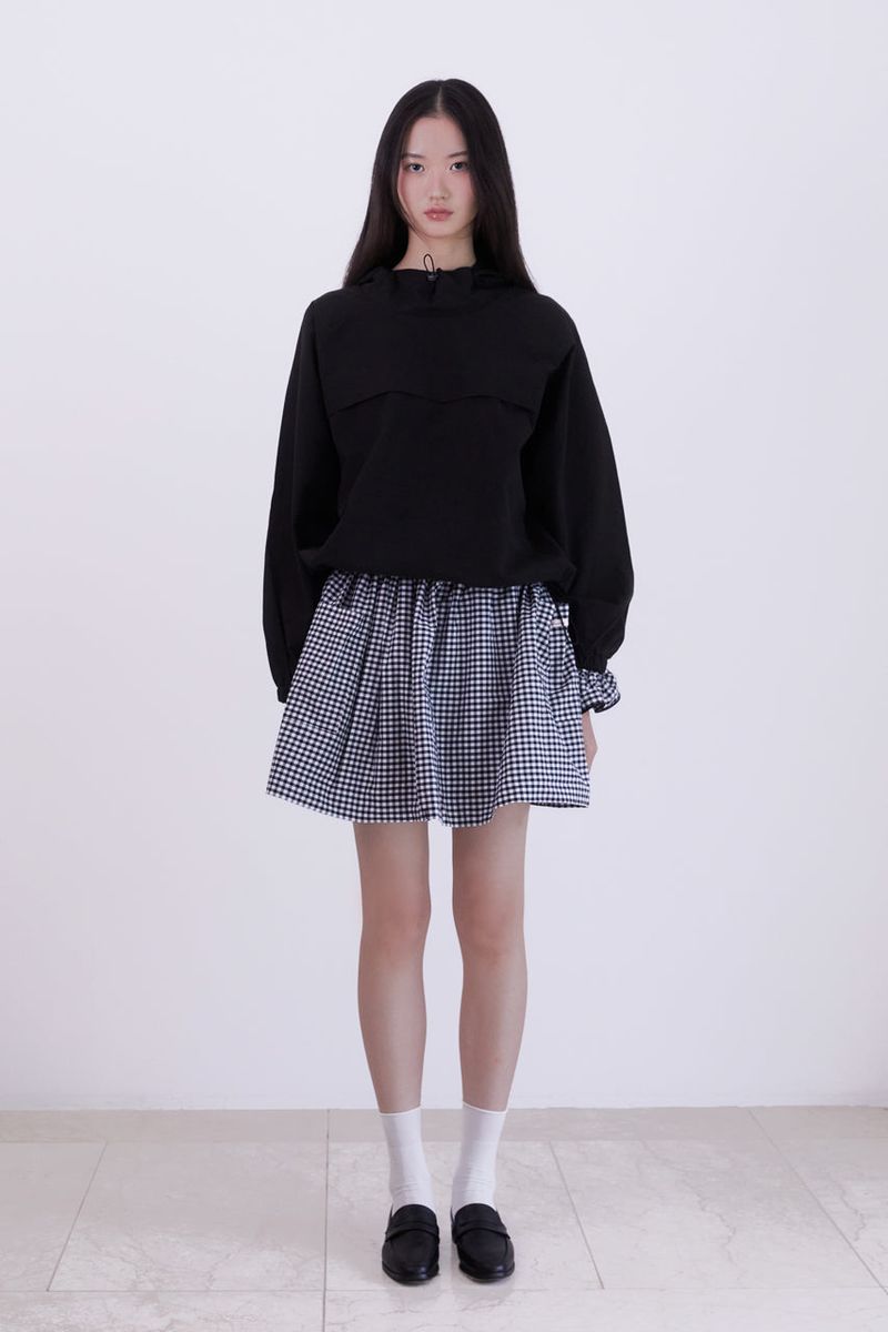 Gingham check pocket shirring mini skirt (BLACK)