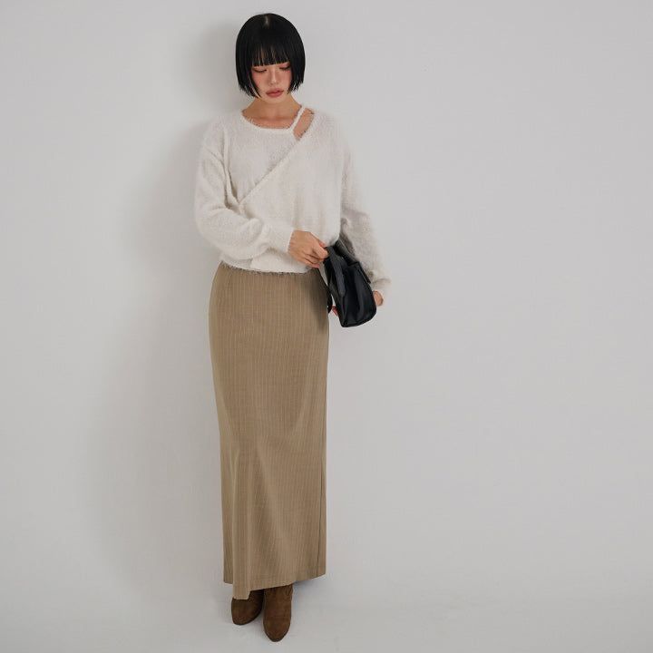[made/4size] [Soan] Rivet Pintuck Stripe H-Line Slit Long Skirt -3color
