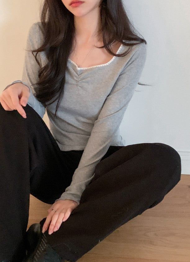 Lua Shirring Lace Frill Rib T-Shirt (4color)