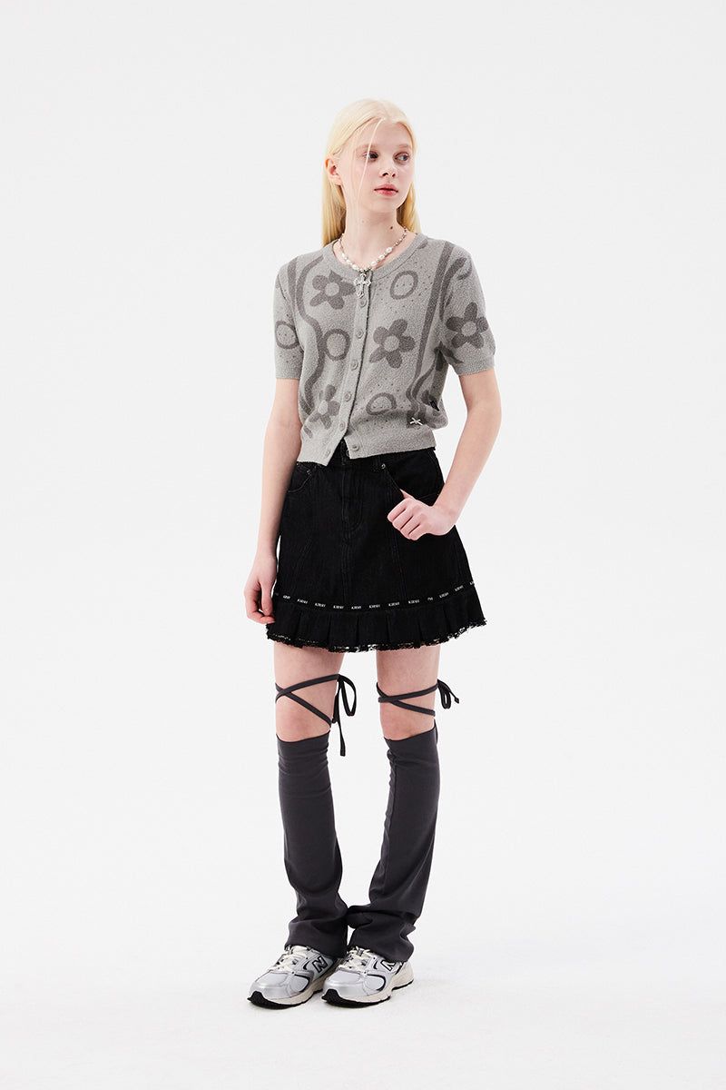 CHERRY JACQUARD PATTERN SHORT SLEEVE CARDIGAN [MELANGE GRAY]